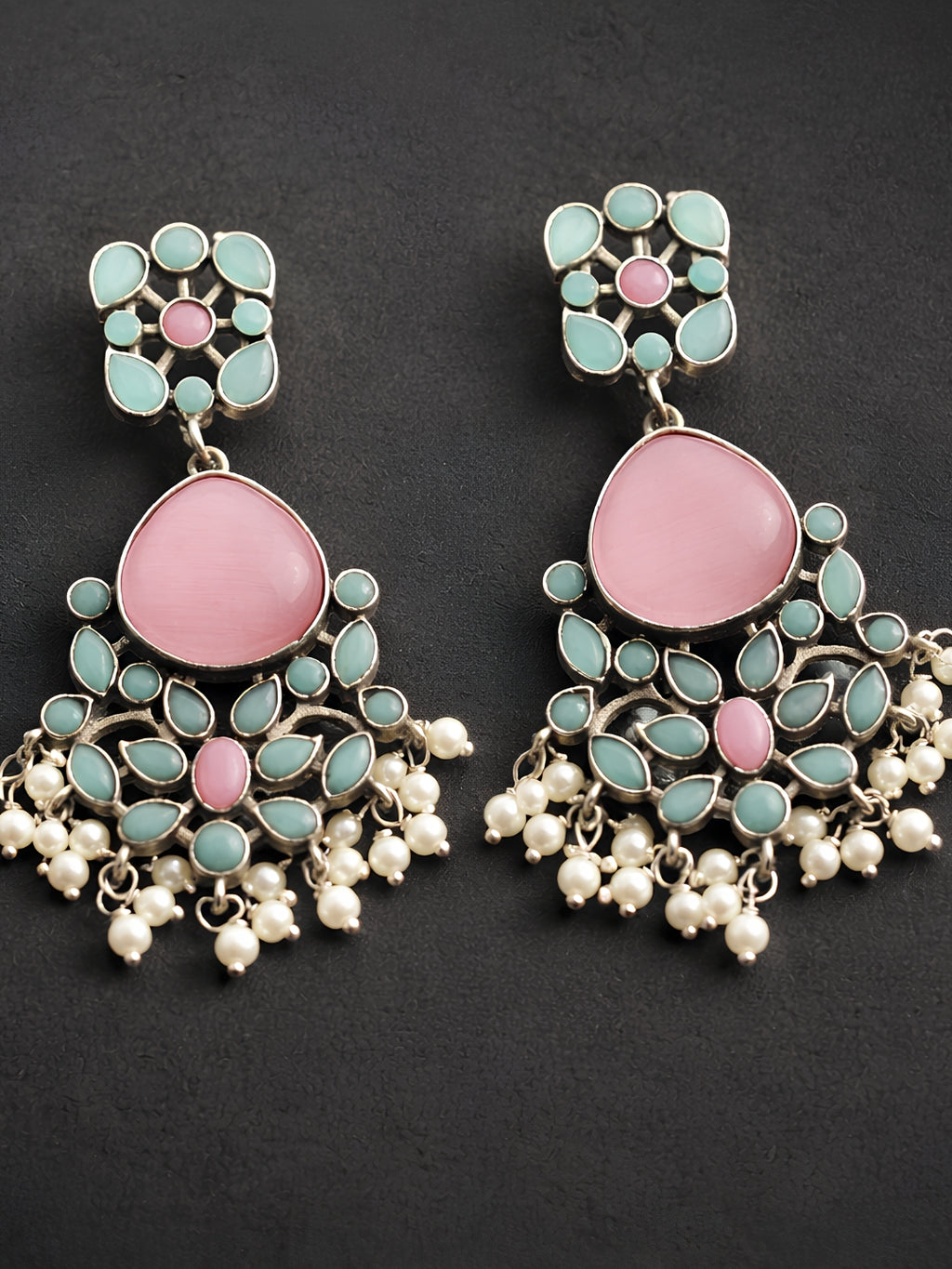 Silver Tone Pink Turquoise Floral Pearl Dangler Statement Earrings