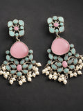 Silver Tone Pink Turquoise Floral Pearl Dangler Statement Earrings