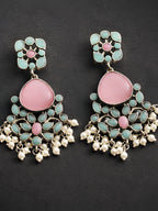 Silver Tone Pink Turquoise Floral Pearl Dangler Statement Earrings