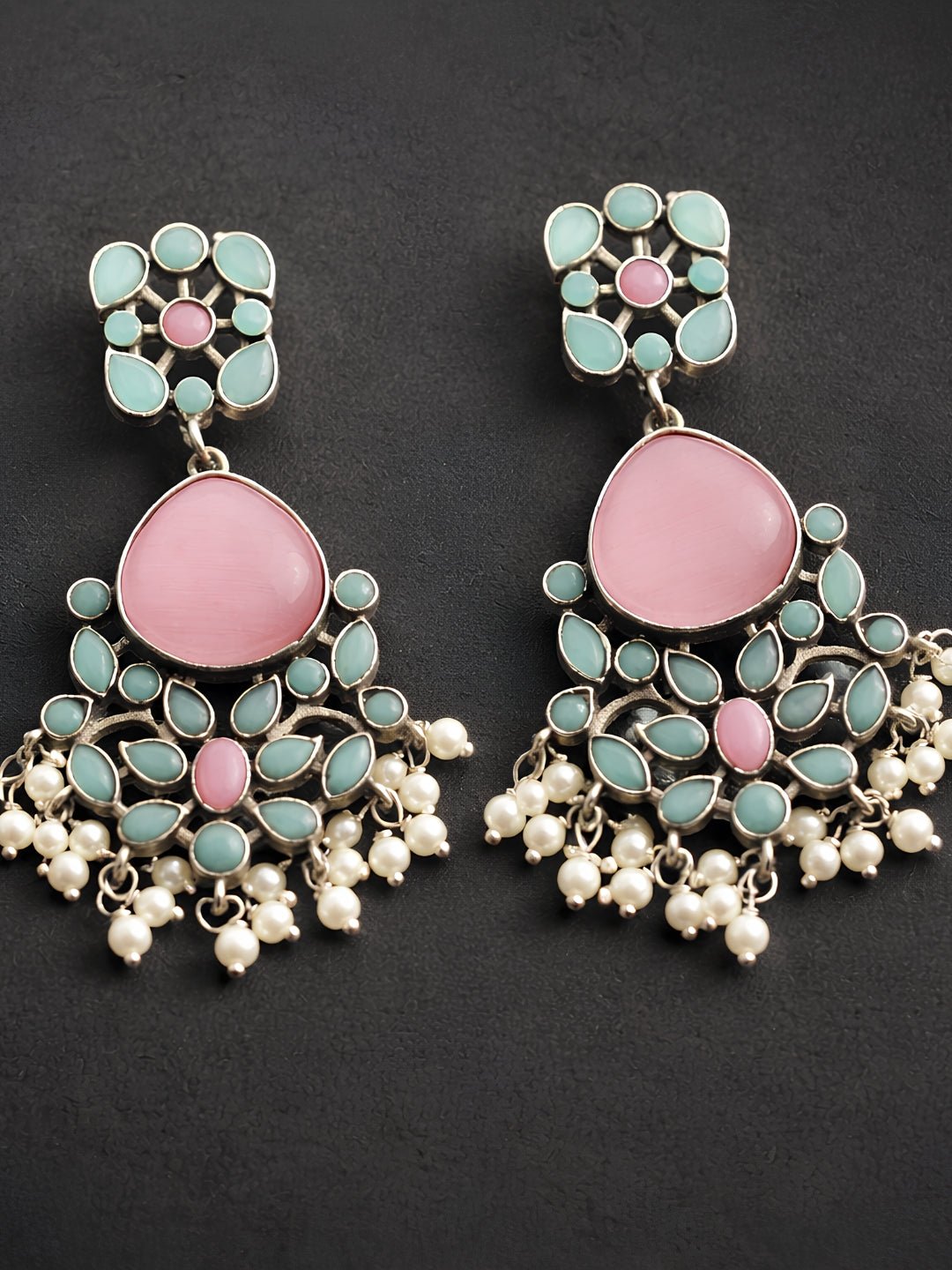 Silver Tone Pink Turquoise Floral Pearl Dangler Statement Earrings