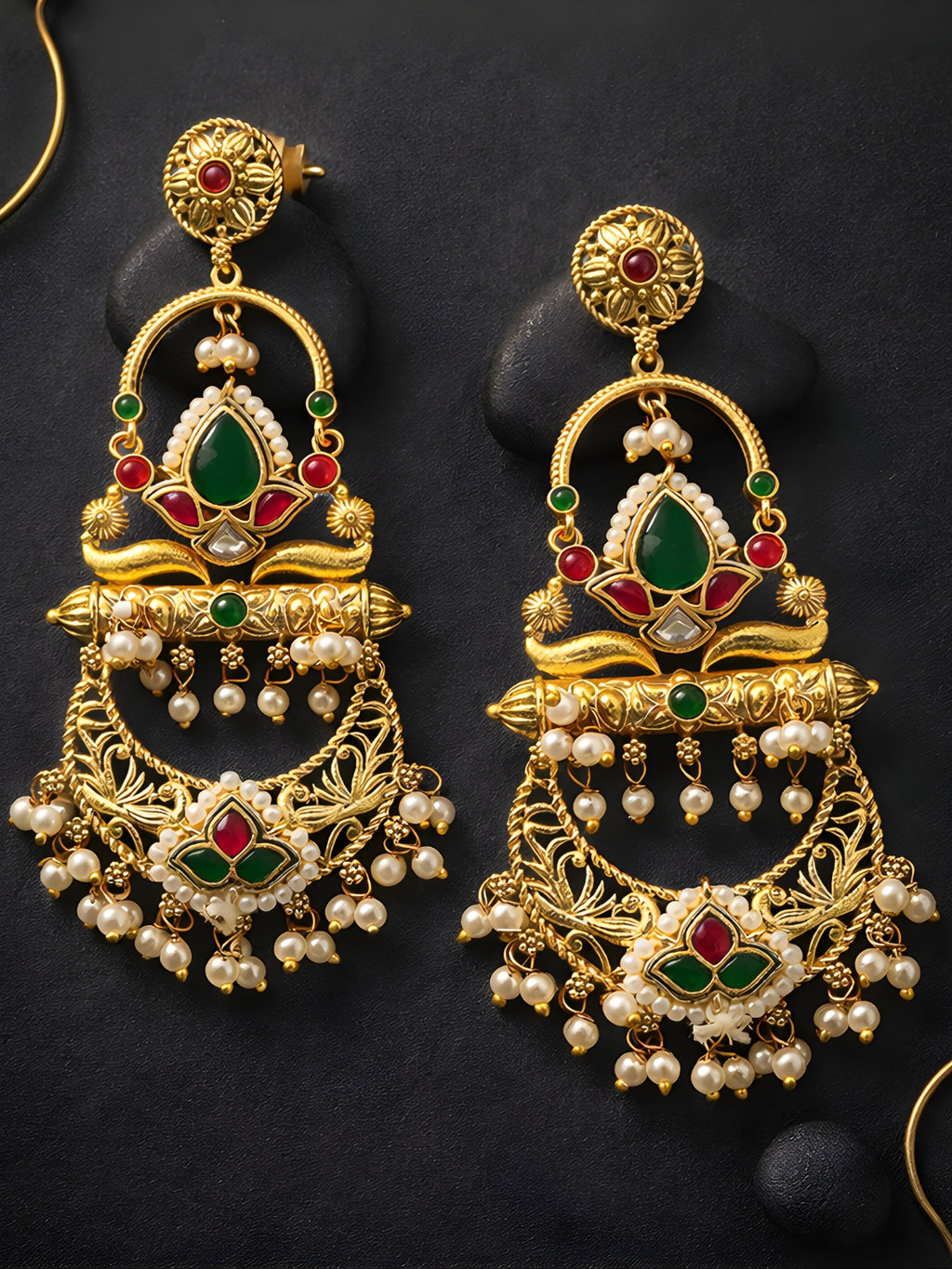 Gold-finish Red Green Dangler Earrings