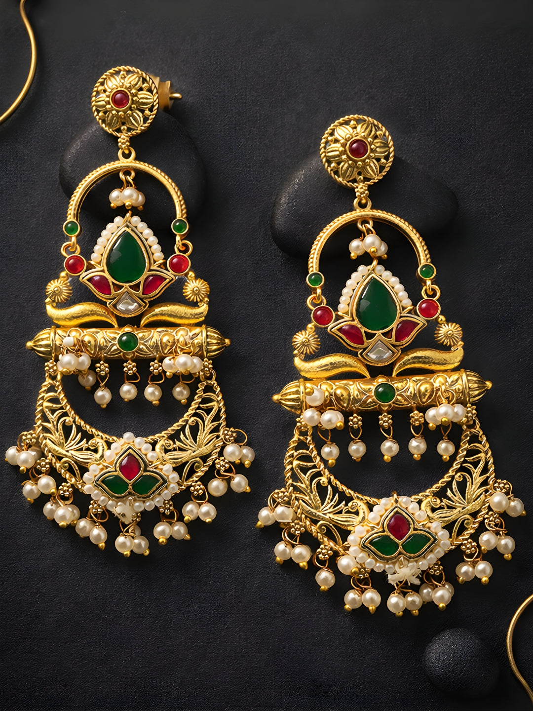 Gold-finish Red Green Dangler Earrings