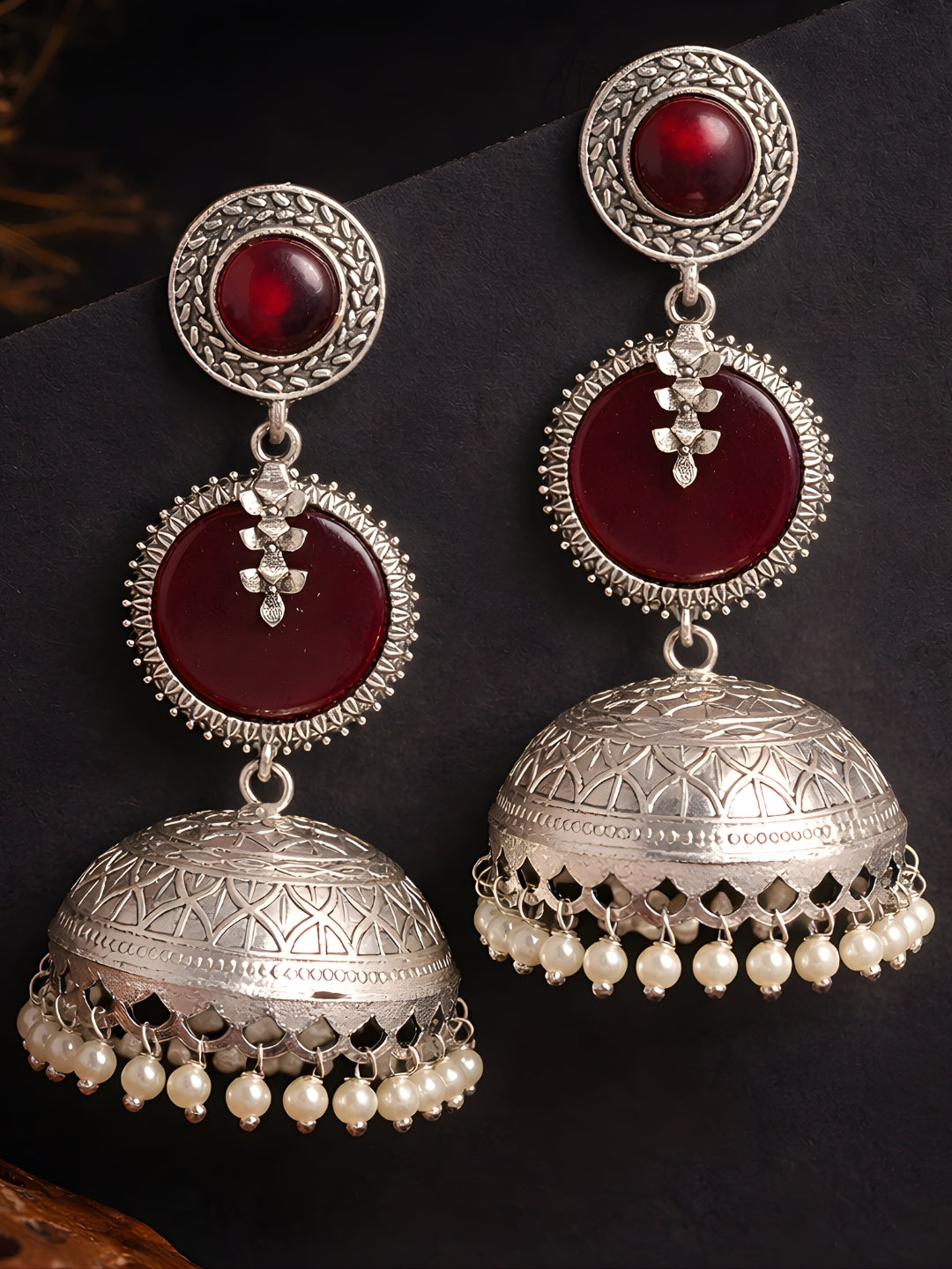 Silver Finish Ruby Red Leaf Disc Jhumki Earrings