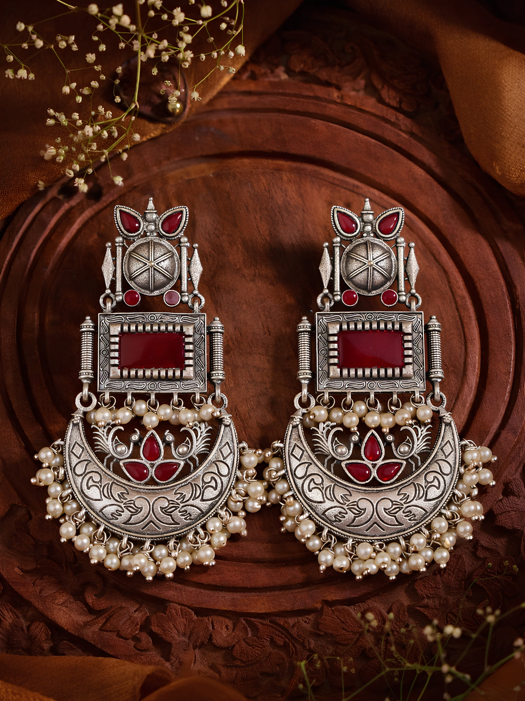 Silver Finish Red Stone Chand Dangler Earrings