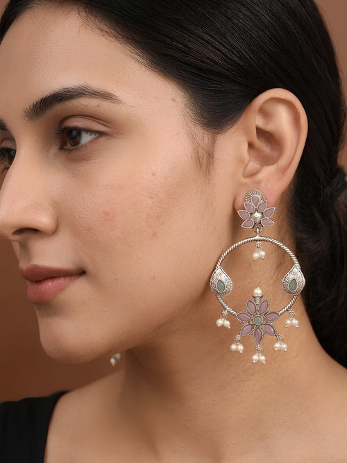 Pink Floral Silver Finish Dangler Earrings