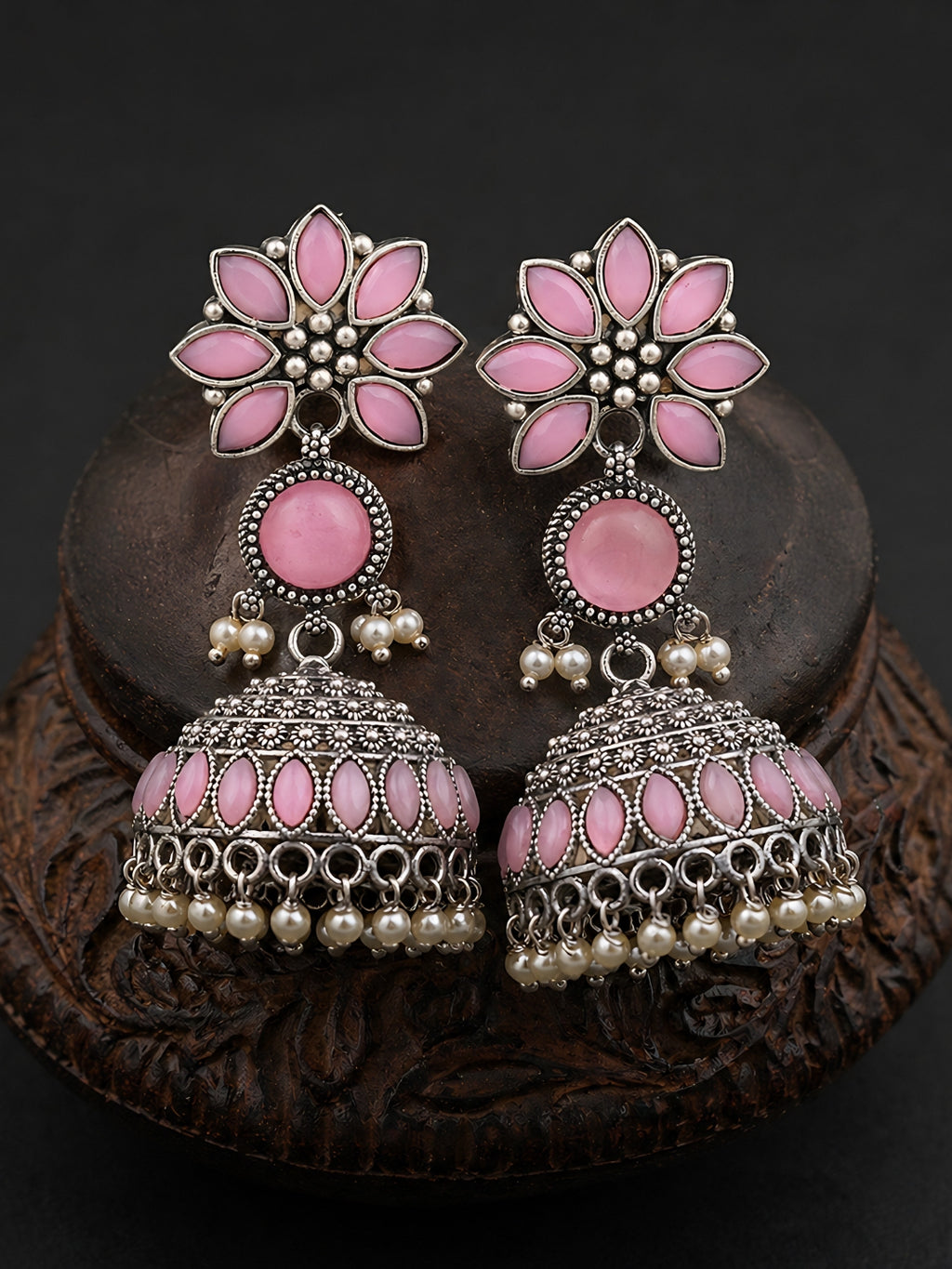 Pink Floral Silver Finish Jhumka Earrings
