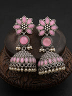 Pink Floral Silver Finish Jhumka Earrings