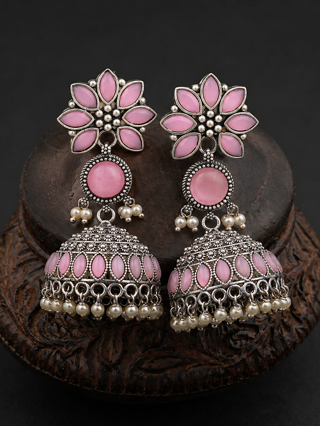 Pink Floral Silver Finish Jhumka Earrings