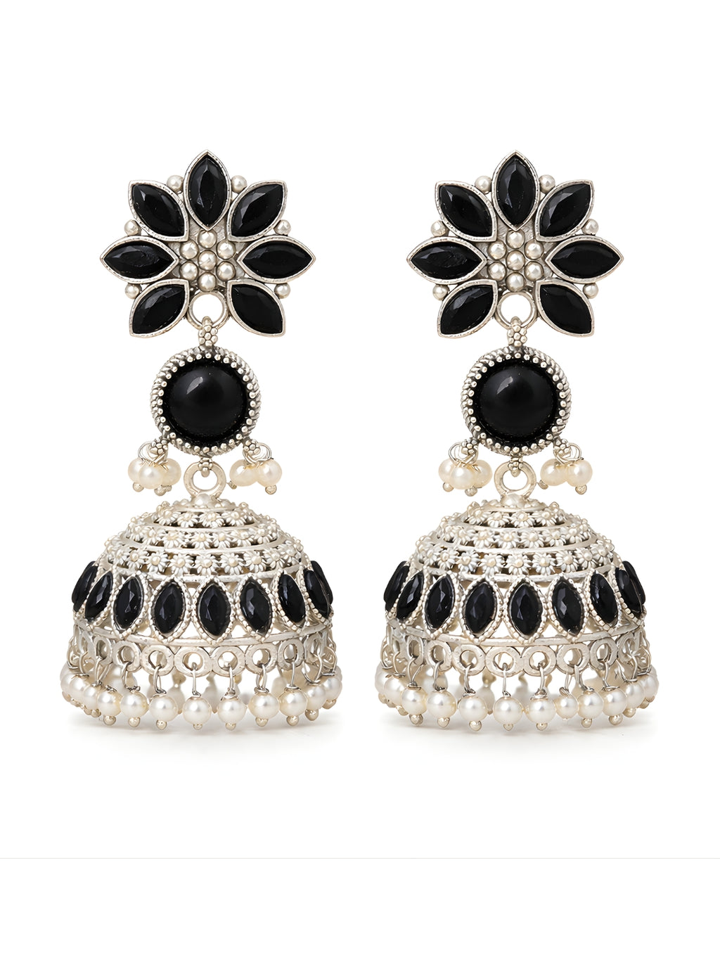 Silver Tone finish Black Floral Pearl Jhumki Earrings