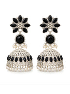 Silver Tone finish Black Floral Pearl Jhumki Earrings