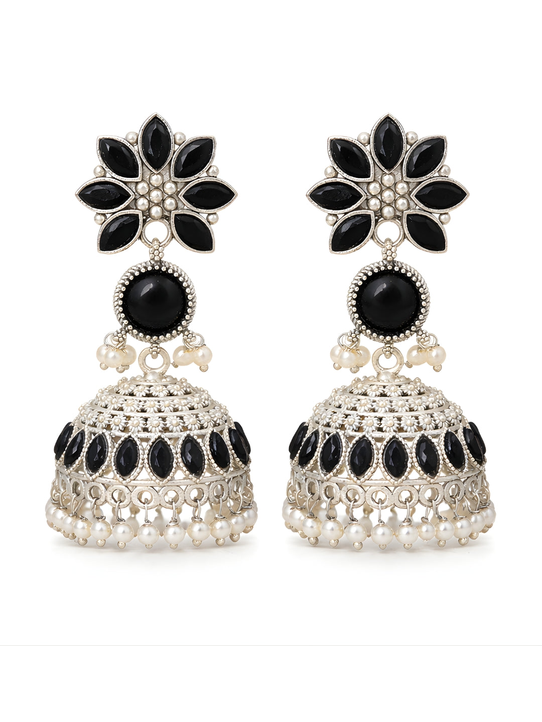 Silver Tone finish Black Floral Pearl Jhumki Earrings