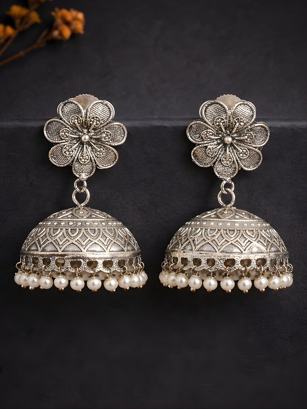 Silver finish Floral Pearl Jhumki Earrings
