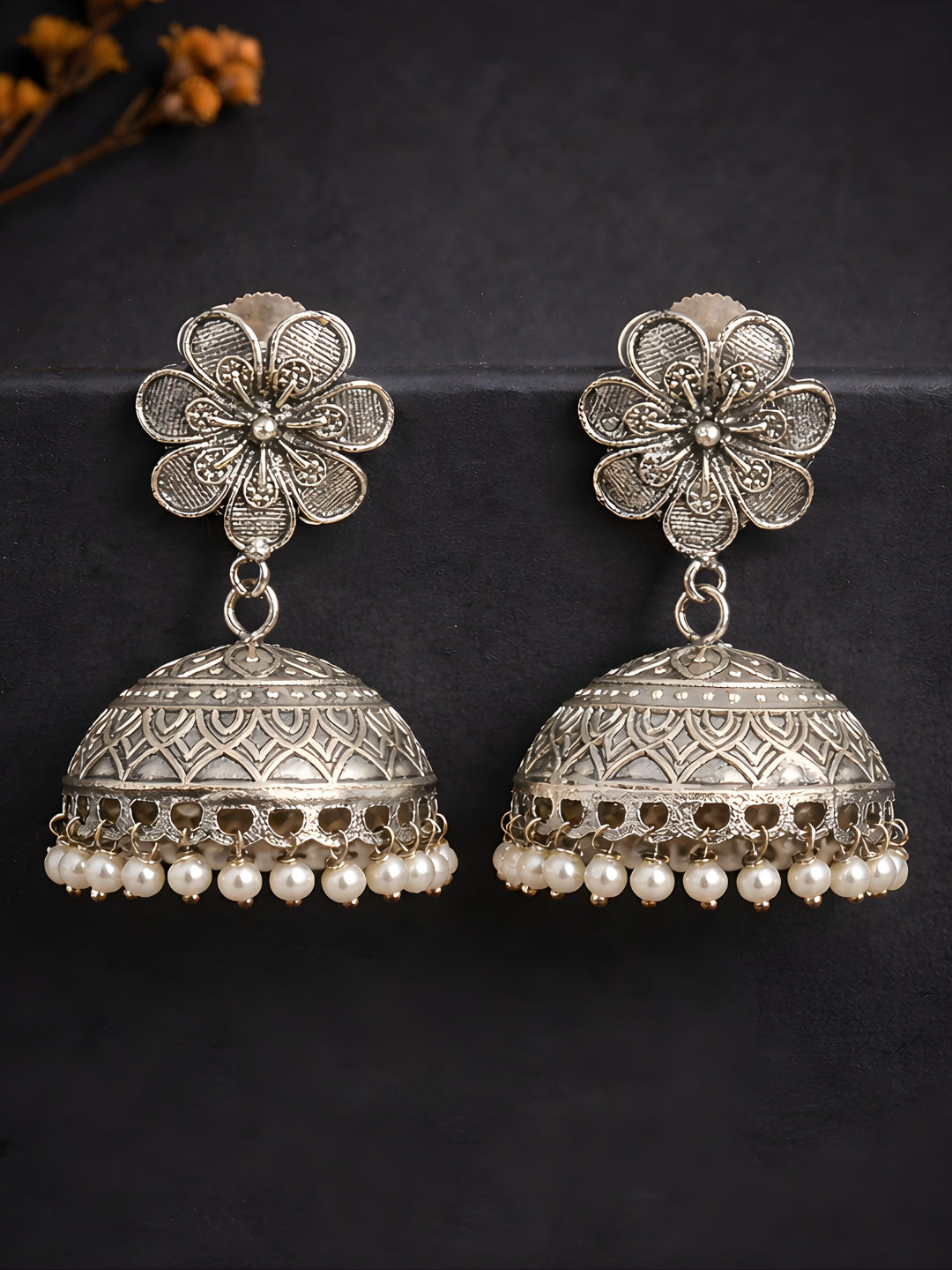 Silver finish Floral Pearl Jhumki Earrings
