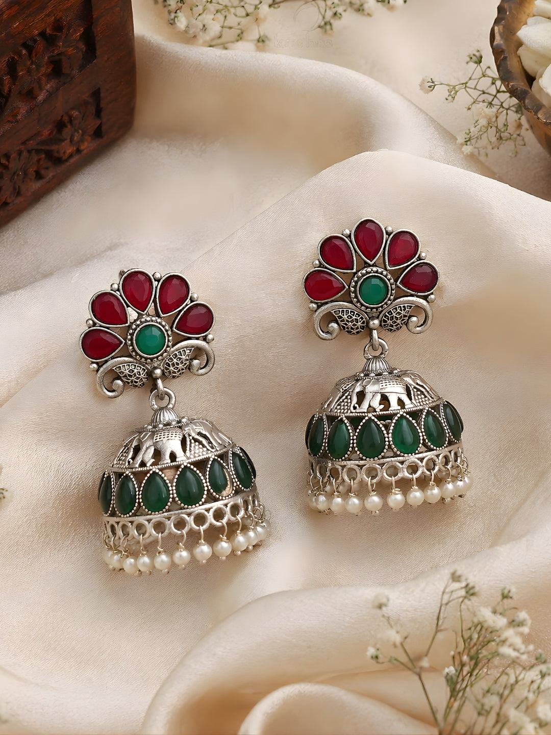 Silver Finish Elephant Red Green Jhumki Earrings