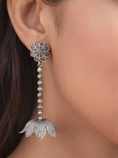 Floral Drop Silver tone Jhumki Earrings
