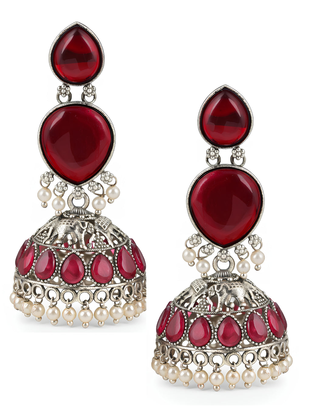 Red Stone Silver Tone Jhumki Earrings