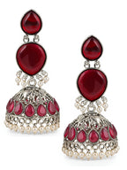 Red Stone Silver Tone Jhumki Earrings