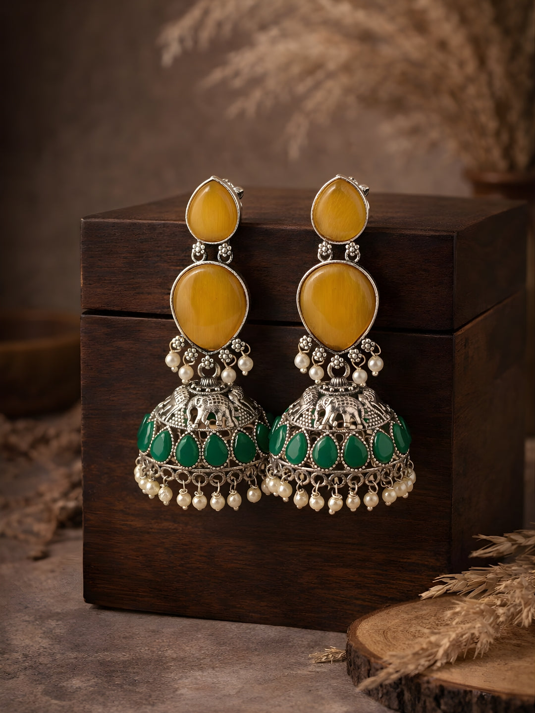 Silver Finish Green Stone Elephant Jhumki