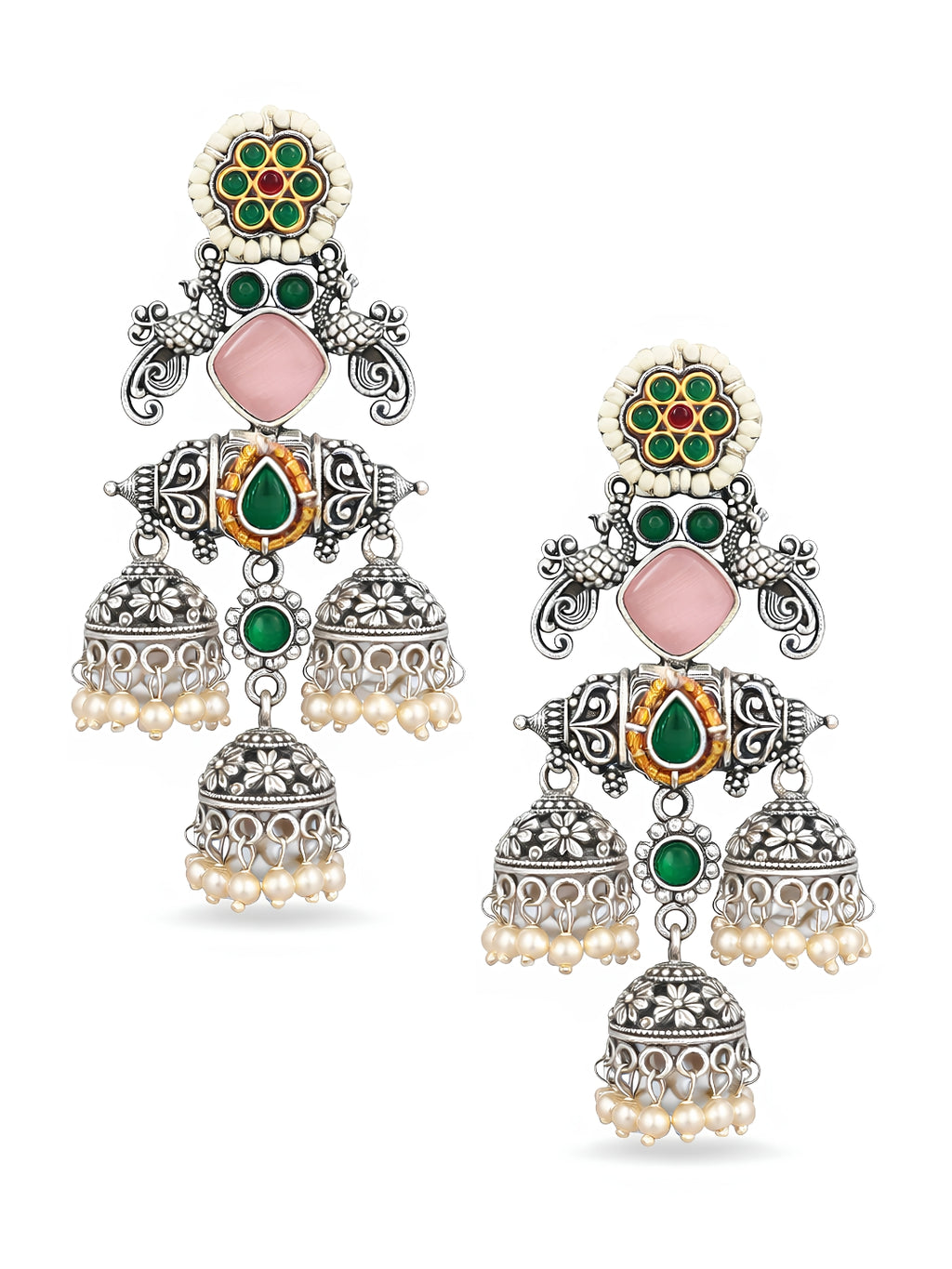 Floral Pink Green Silver Tone Jhumki Earrings