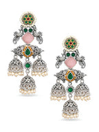 Floral Pink Green Silver Tone Jhumki Earrings