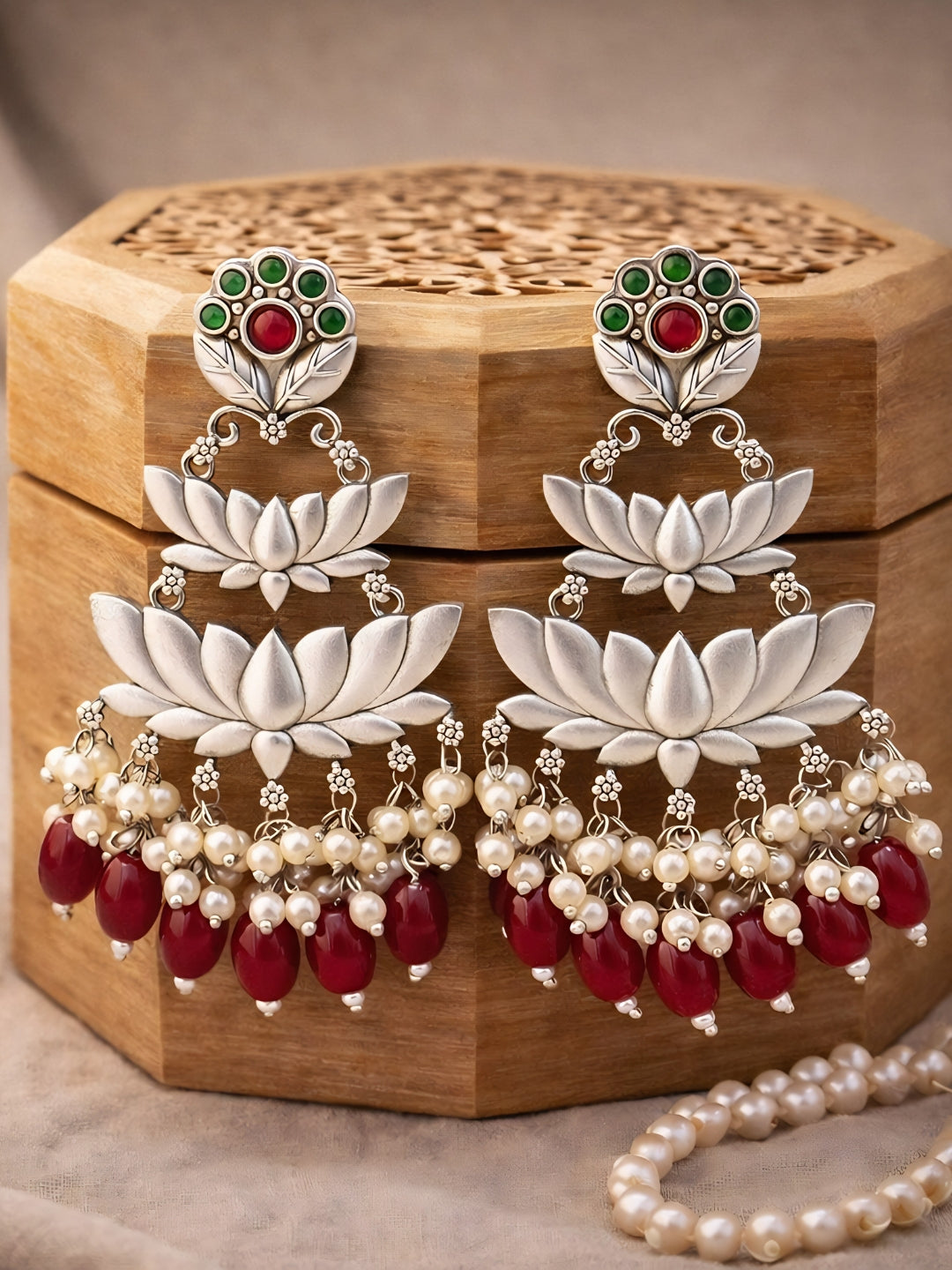Silver Finish Lotus Pearl Red Drop Earrings