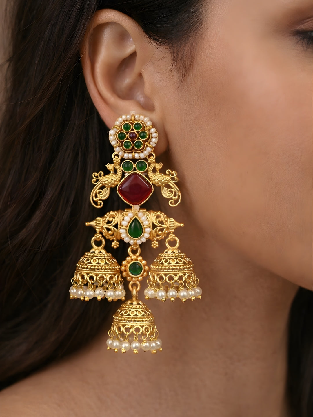 Red Green Temple Layered Jhumki Dangler
