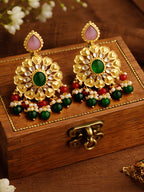 Gold Finish Green Red Floral Dangler Earrings