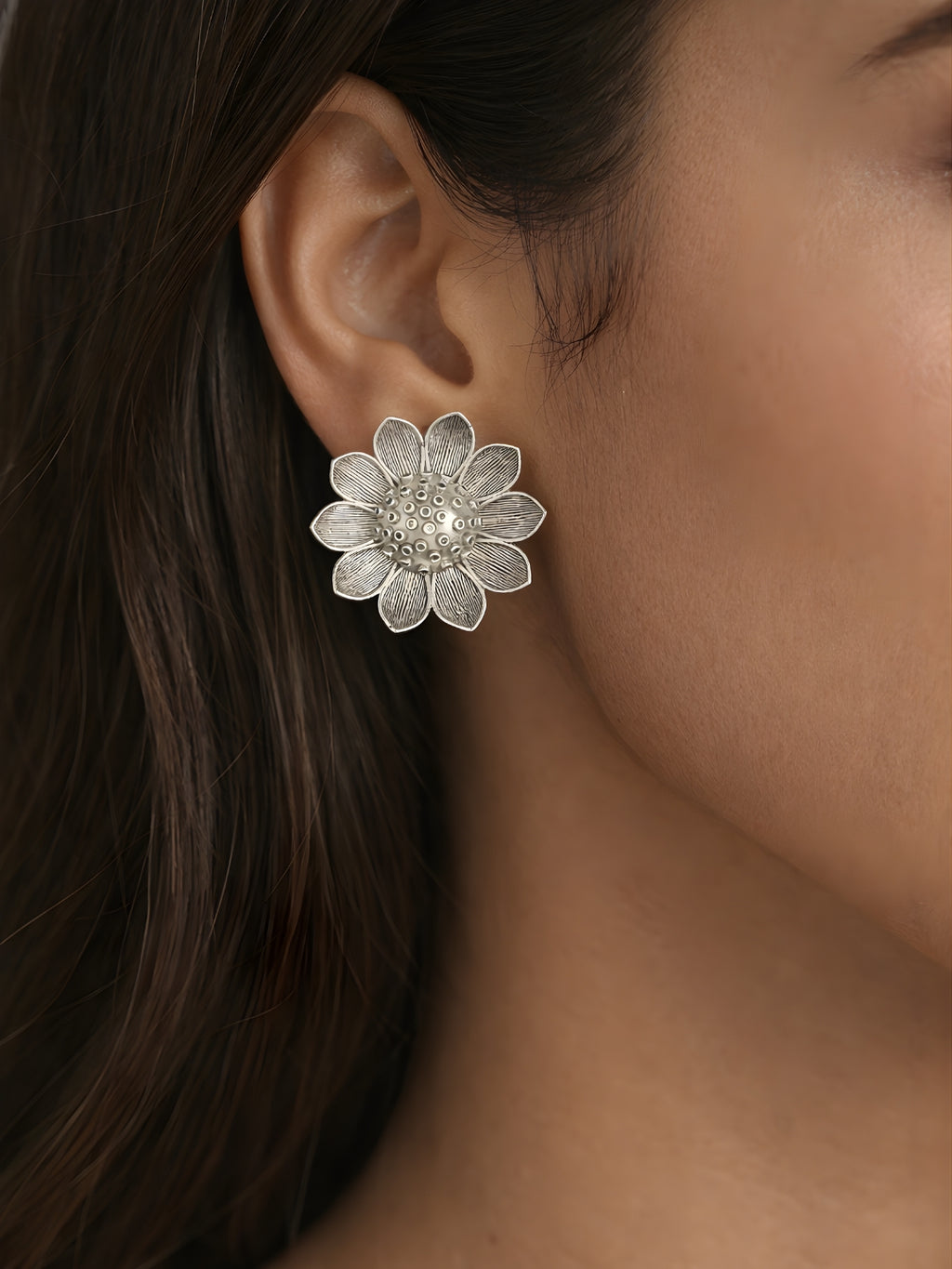 Silver finish Floral Textured Stud Earrings