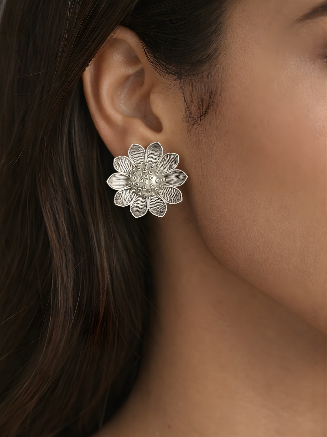 Silver finish Floral Textured Stud Earrings