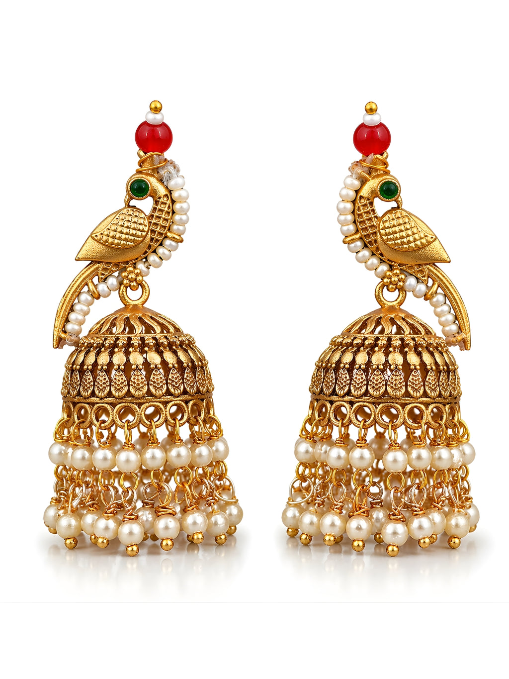 Gold Finish Parrot Jhumki Earrings Pearl Drop