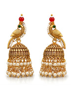 Gold Finish Parrot Jhumki Earrings Pearl Drop