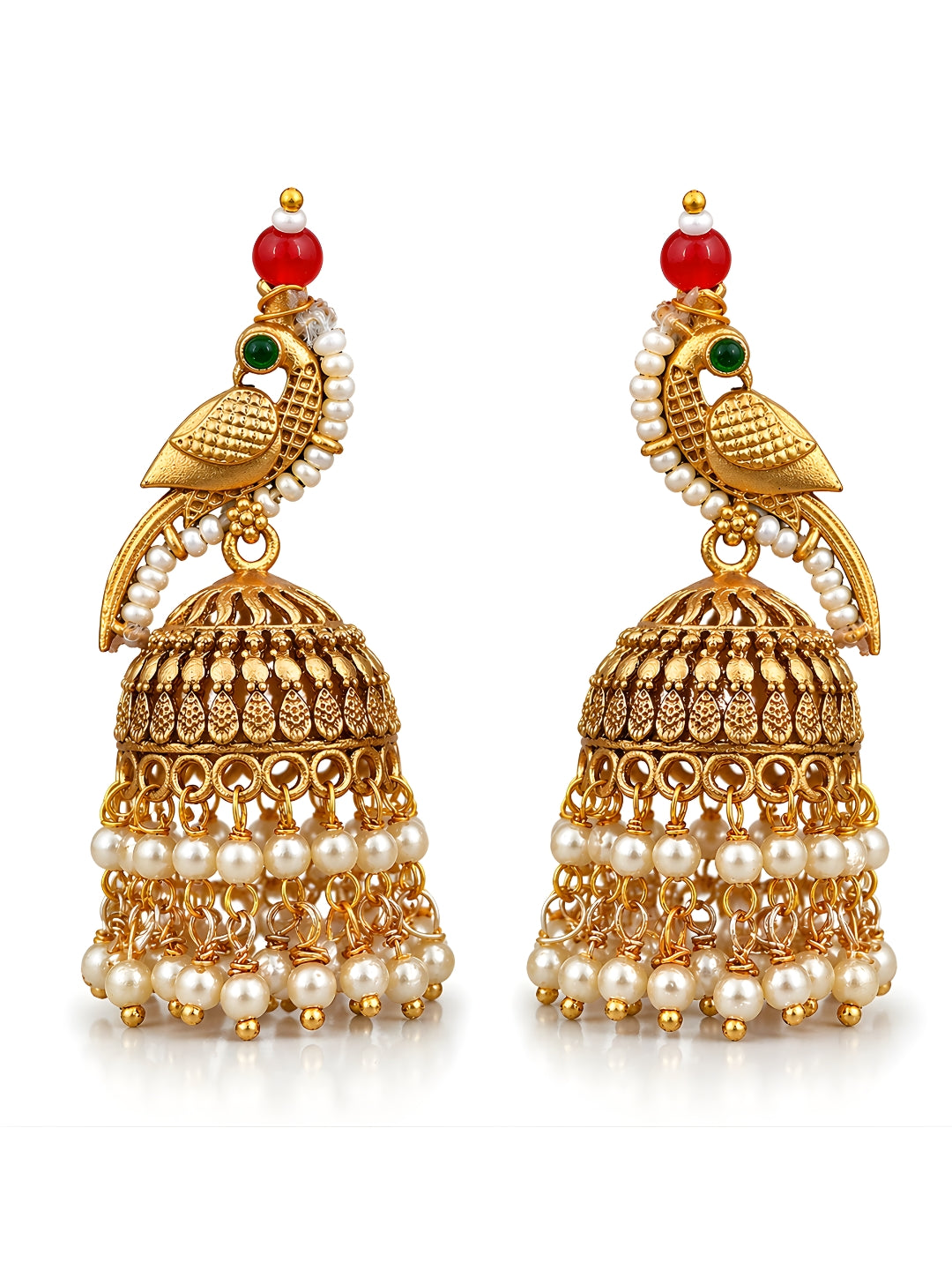 Gold Finish Parrot Jhumki Earrings Pearl Drop
