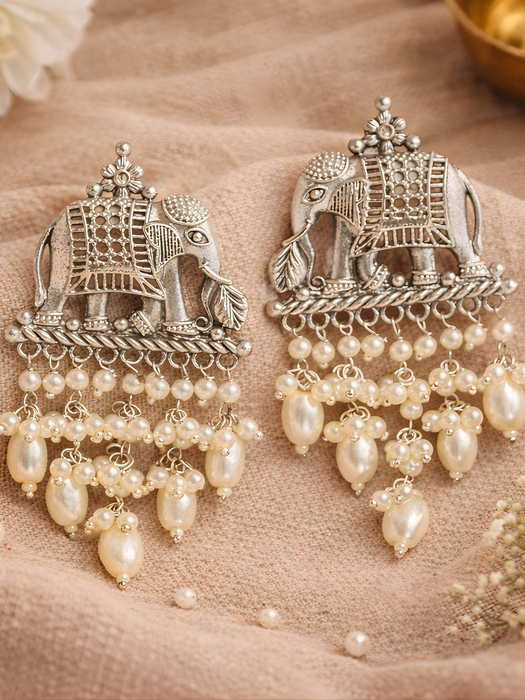 Oxidised Silver Elephant Pearl Cluster Dangler Earrings