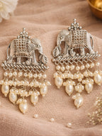 Oxidised Silver Elephant Pearl Cluster Dangler Earrings