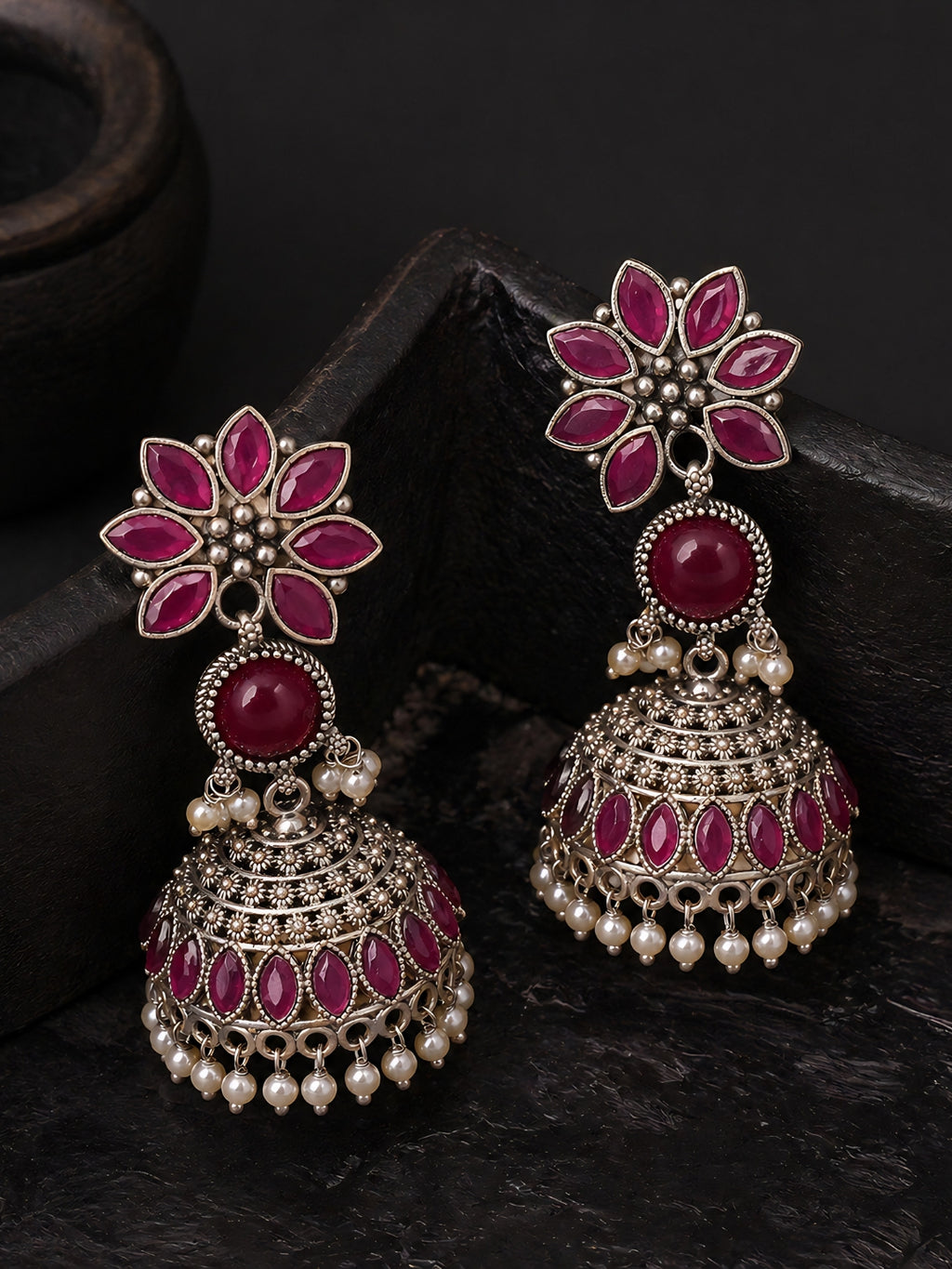 Ruby Floral Silver Finish Jhumki Earrings