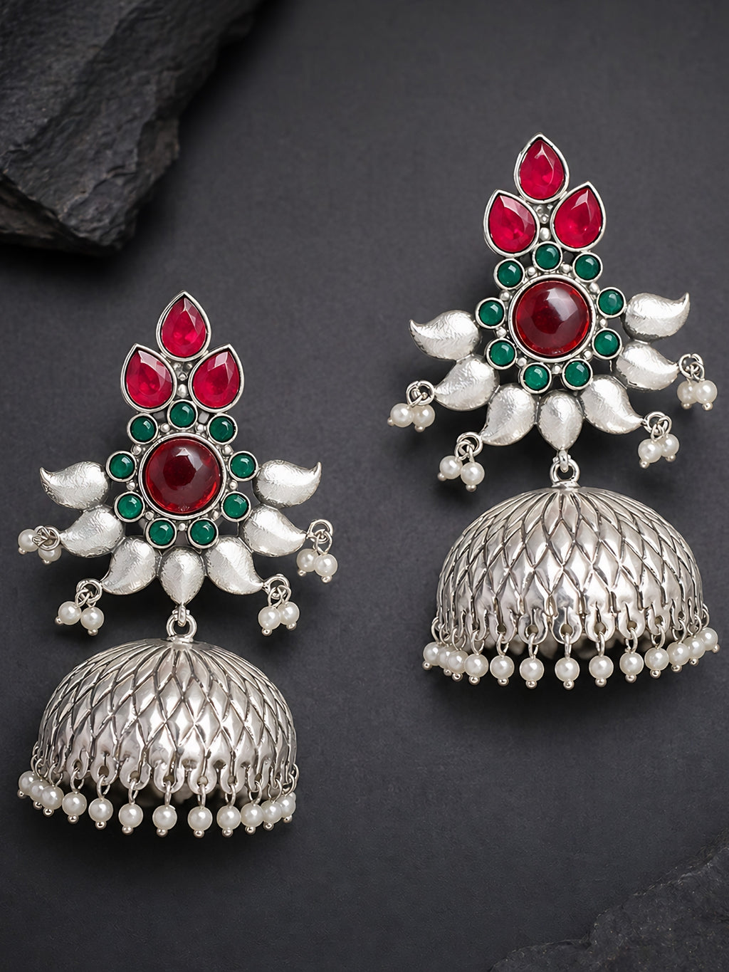 Silver-Finish Red Green Floral Jhumki Earrings