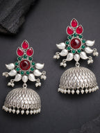 Silver-Finish Red Green Floral Jhumki Earrings