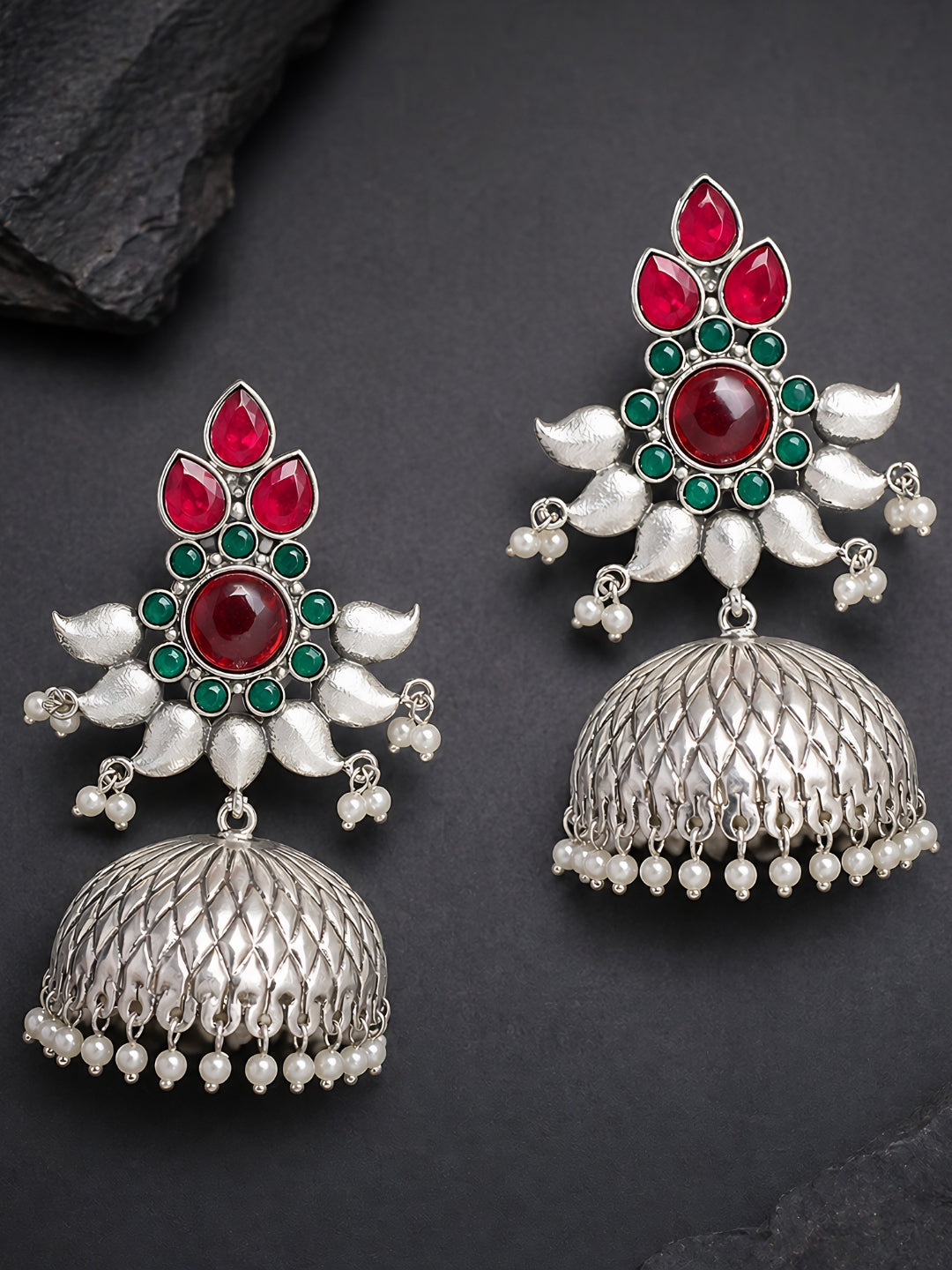 Silver-Finish Red Green Floral Jhumki Earrings