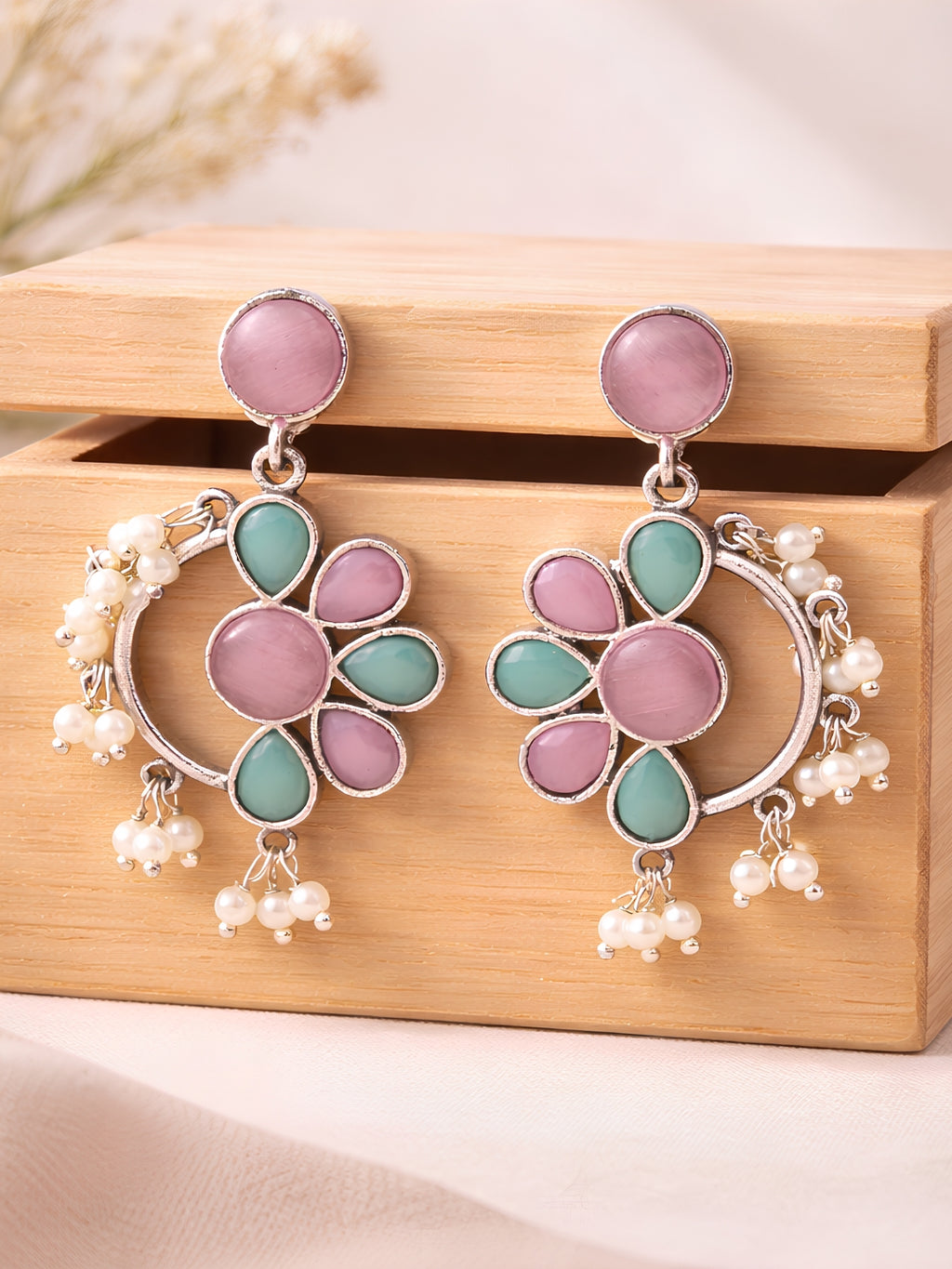 Floral Pearl Drop Dangler Earrings