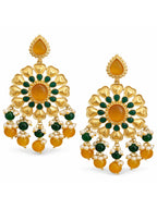Gold Finish Green Yellow Floral Dangler Earrings