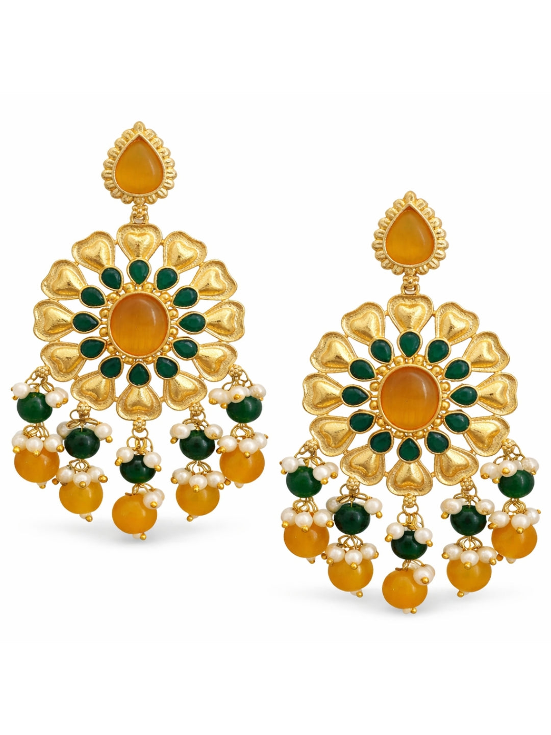Gold Finish Green Yellow Floral Dangler Earrings