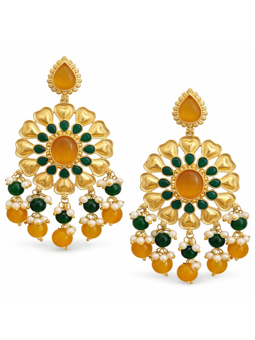 Gold Finish Green Yellow Floral Dangler Earrings