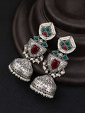 Silver Finish Red & Green Stone Jhumki Earrings