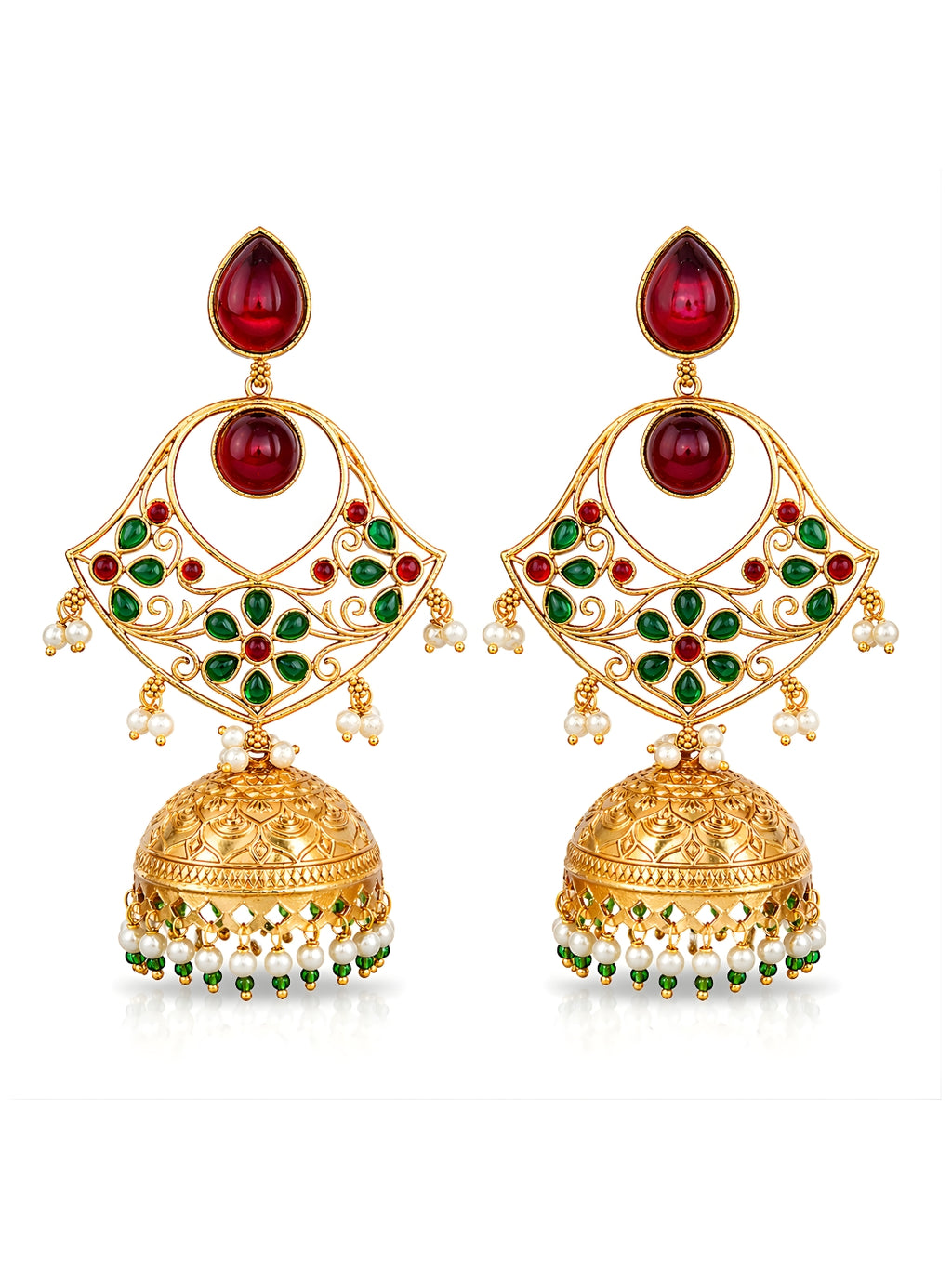 Traditional Green Red Jhumki Earrings Gold Finish