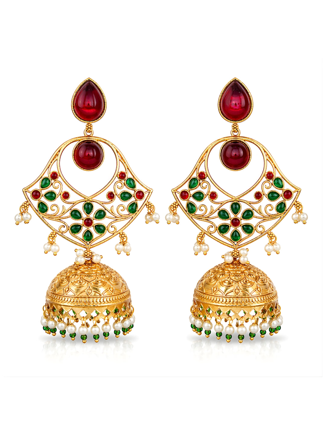 Traditional Green Red Jhumki Earrings Gold Finish