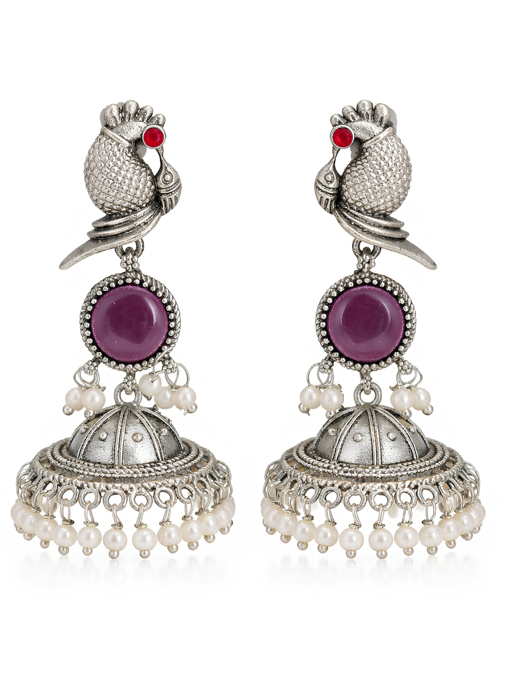 Peacock Purple Stone Silver-Finish Jhumka