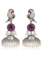 Peacock Purple Stone Silver-Finish Jhumka