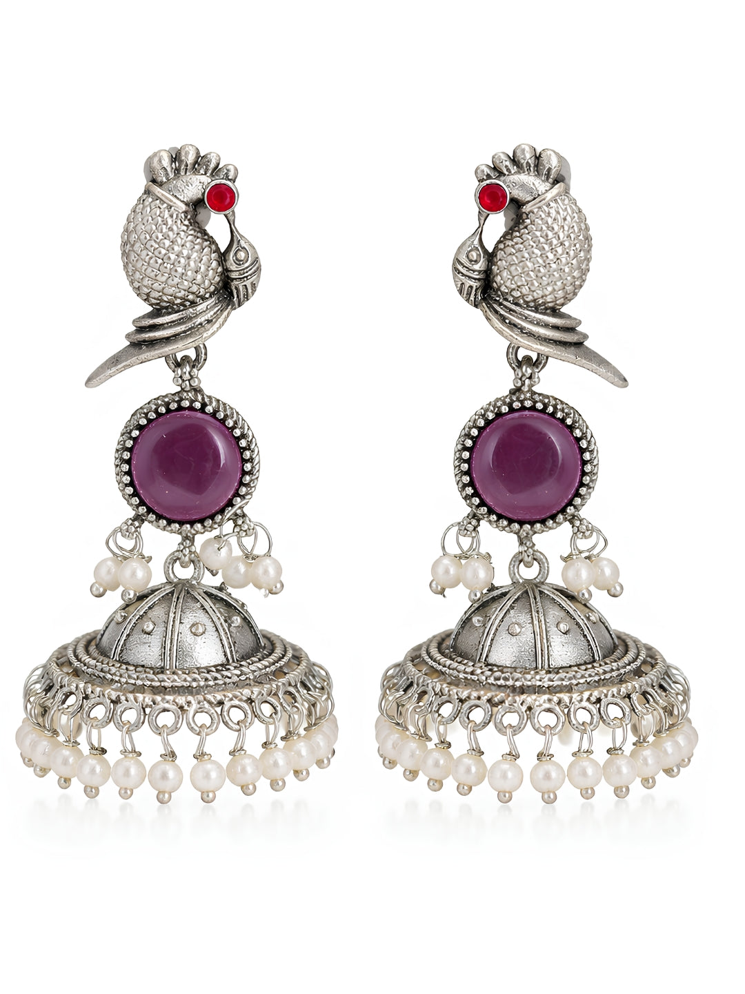 Peacock Purple Stone Silver-Finish Jhumka