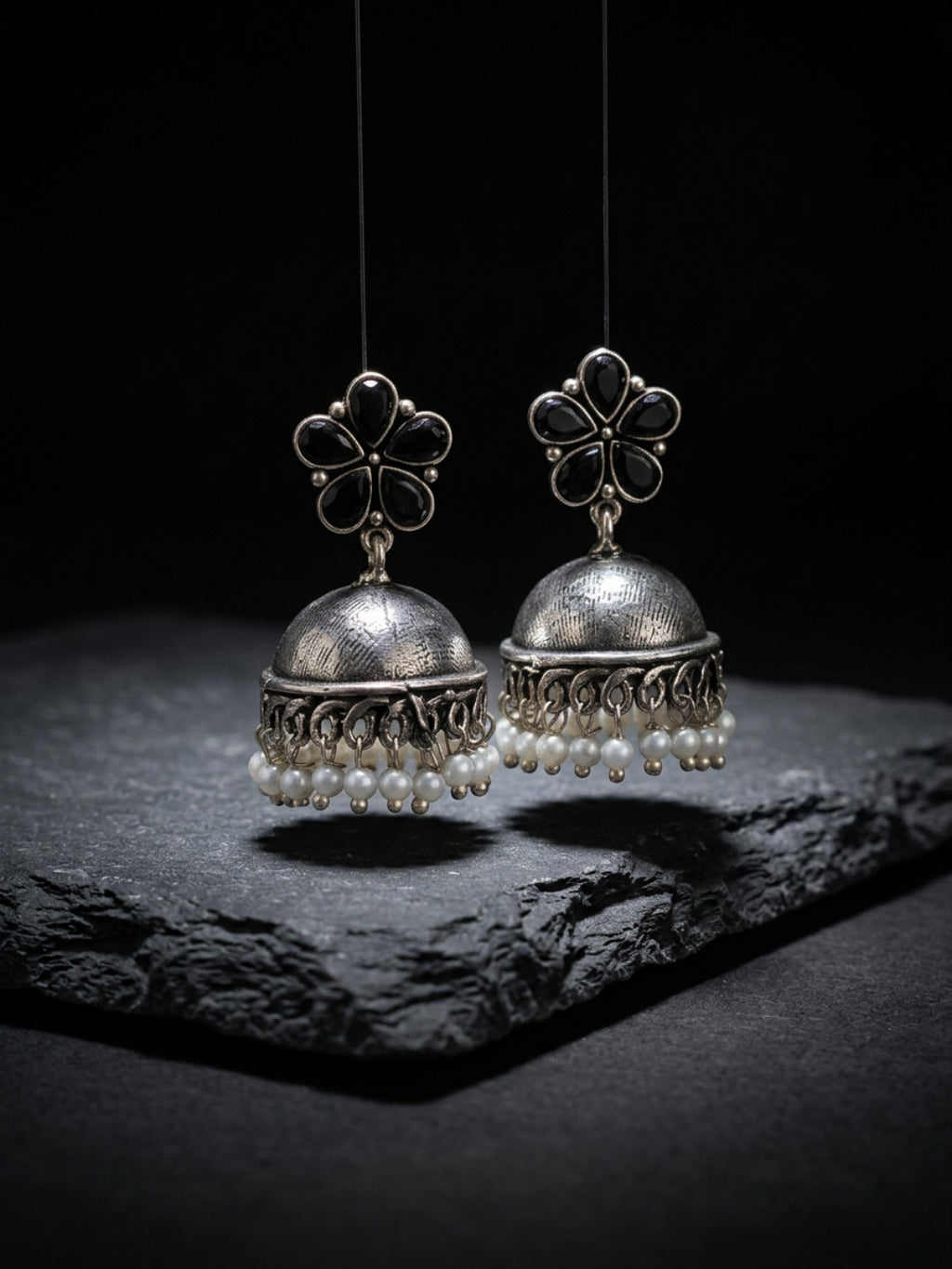 Black Floral Antique Look Jhumka Earrings