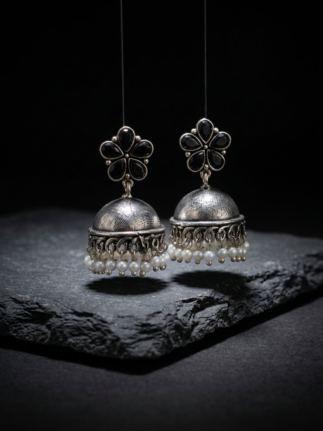 Black Floral Antique Look Jhumka Earrings